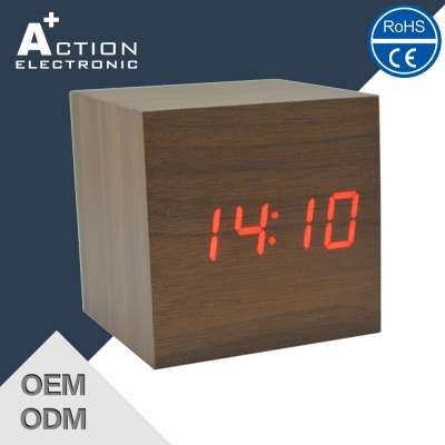 Sound Controlled Cube LED Alarm Smart Wooden Clock with Temperature