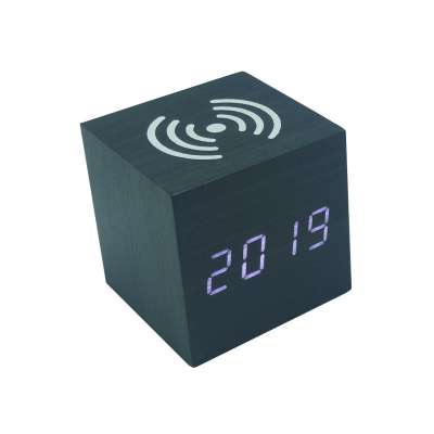 Wireless Charging Wooden Digital Alarm Clock Sound Control and Temperature Display