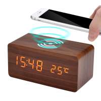 Wooden Led Digital Clock With Qi Wireless Charging Pad Custom Sound Alarm Clock