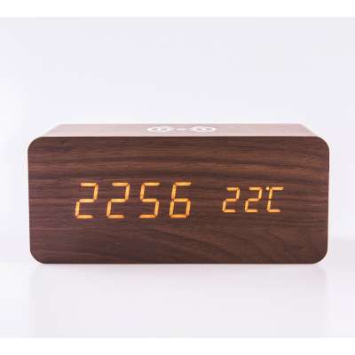 LED Digital Wooden Alarm Clock  With Wireless Phone Charging