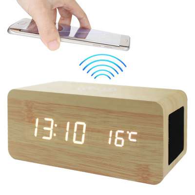 Wireless charging clock with  bluetooth speaker digital clock with sound control and temperature display wooden alarm clock