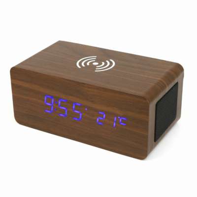 Wireless charger bluetooth speaker digital clock with sound control and temperature display wooden alarm clock