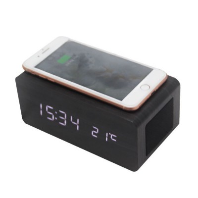 RTS Sound Control wireless charger wood LED wooden Alarm Clock With Bluetooth Speaker