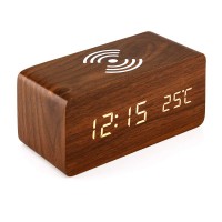 Hot Sale Home Decorate Multifunctional Wireless Charging Desk LED Wooden Digital Alarm Clock With Wireless Qi Charging